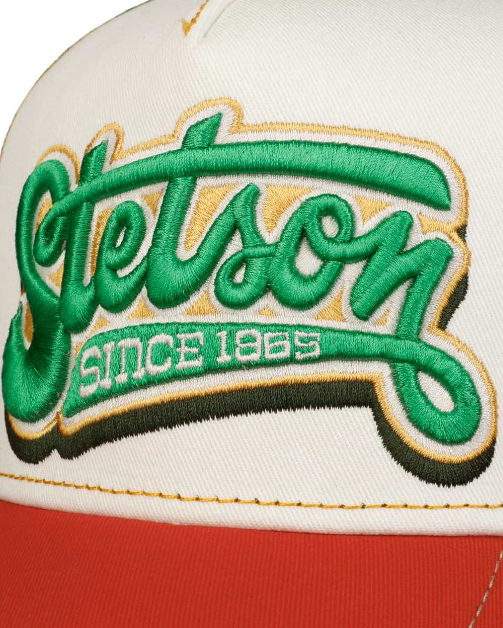 Red Offwhite coloured Stetson Lettering Trucker Cap on white background