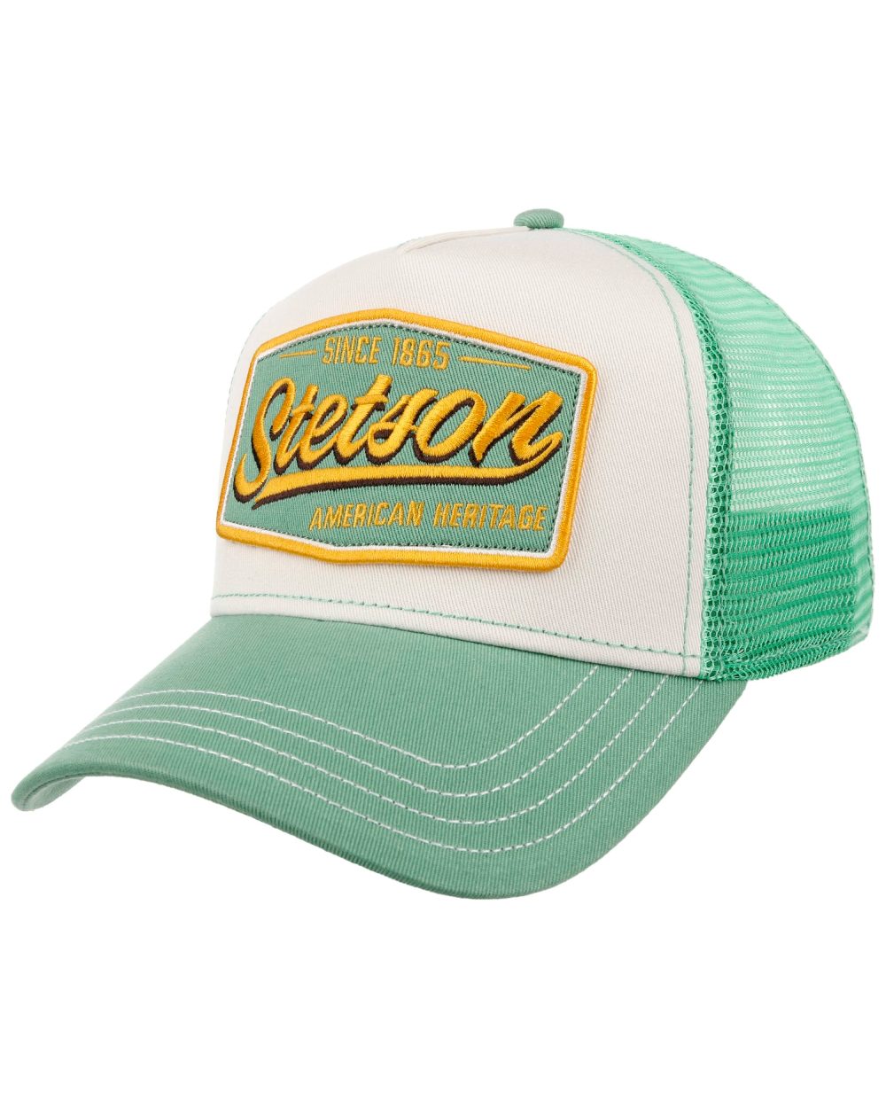 Mint Off White coloured Stetson Since 1865 Vintage Trucker Cap on white background