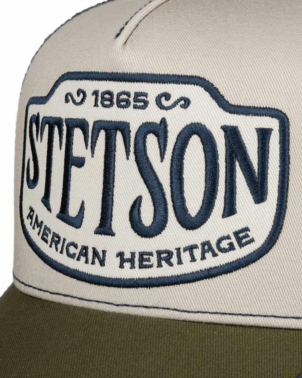 Olive Offwhite coloured Stetson Western Patch Trucker cap on white background