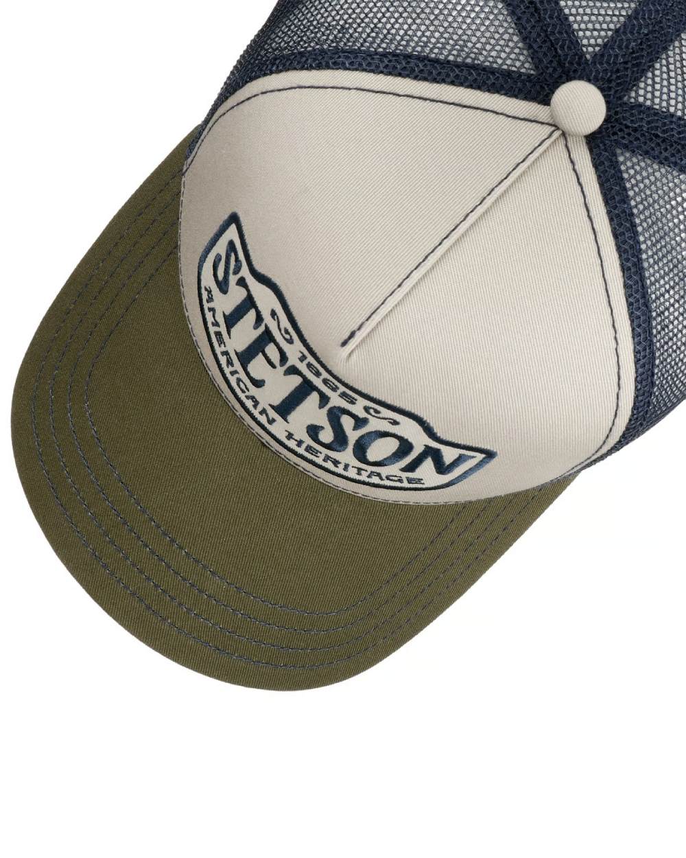Olive Offwhite coloured Stetson Western Patch Trucker cap on white background