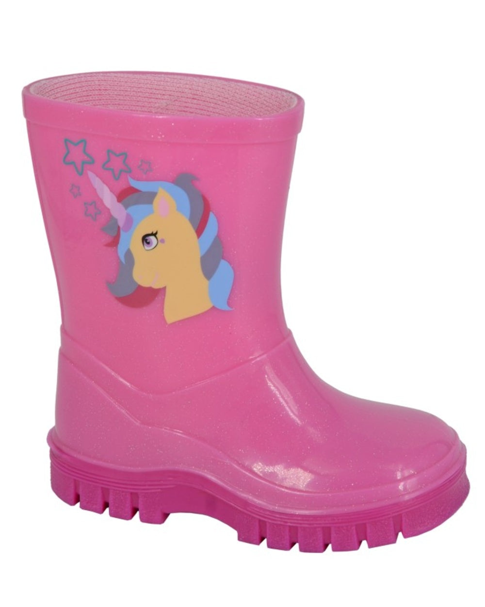 Pink Sparkle coloured Stormwells Childrens Unicorn Sparkle Wellington Boots on white background