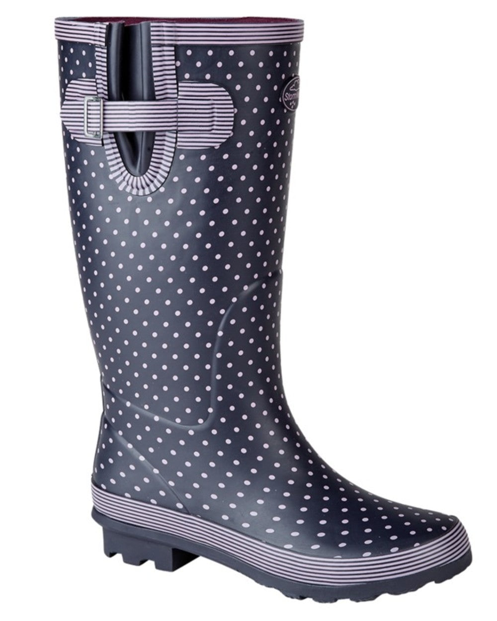 Mauve Navy coloured Stormwells Womens Polka Dot Printed Wellington Boots on white background