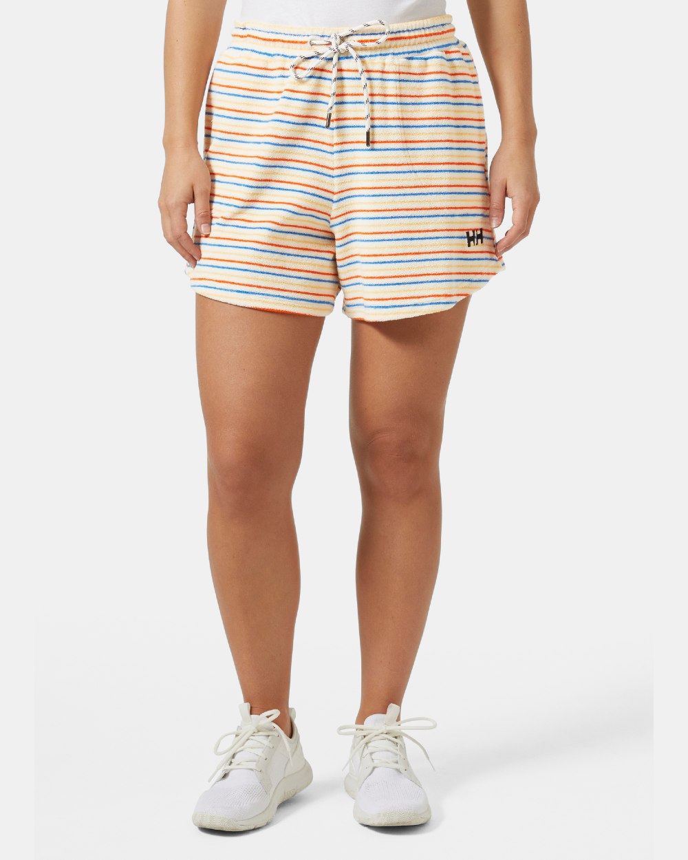 Snow Multistripe coloured Helly Hansen womens siren towelling shorts on grey background