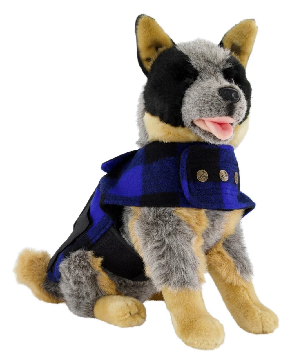 Blue Black Check Coloured Swanndri Classic Wool Dog Coat on white background