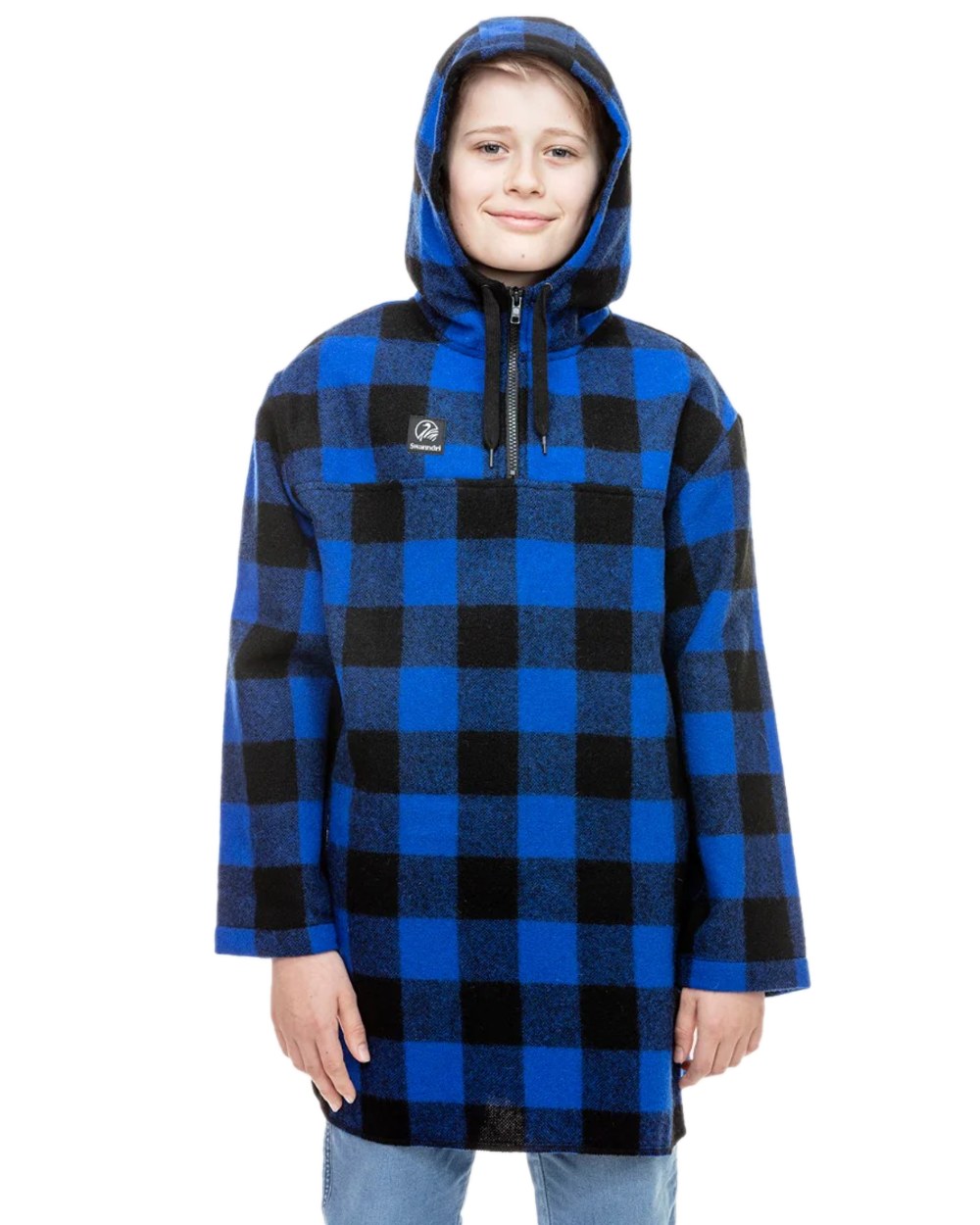 Blue Black Check Coloured Swanndri Kids Brixton Wool Bushshirt on white background