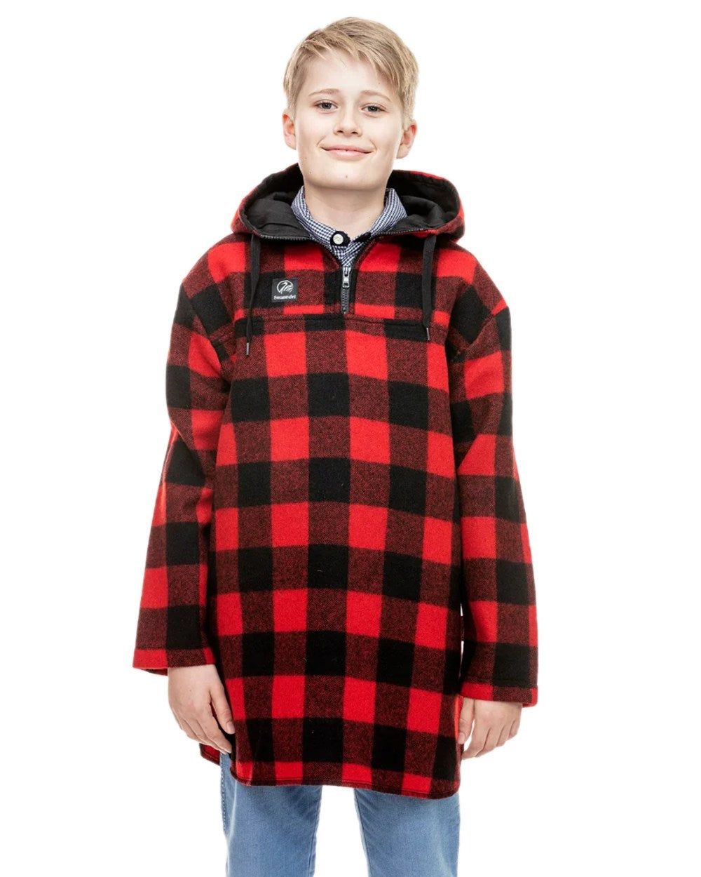 Red Black Check Coloured Swanndri Kids Brixton Wool Bushshirt on white background