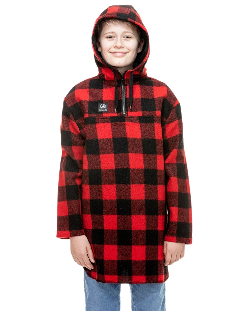 Red Black Check Coloured Swanndri Kids Brixton Wool Bushshirt on white background