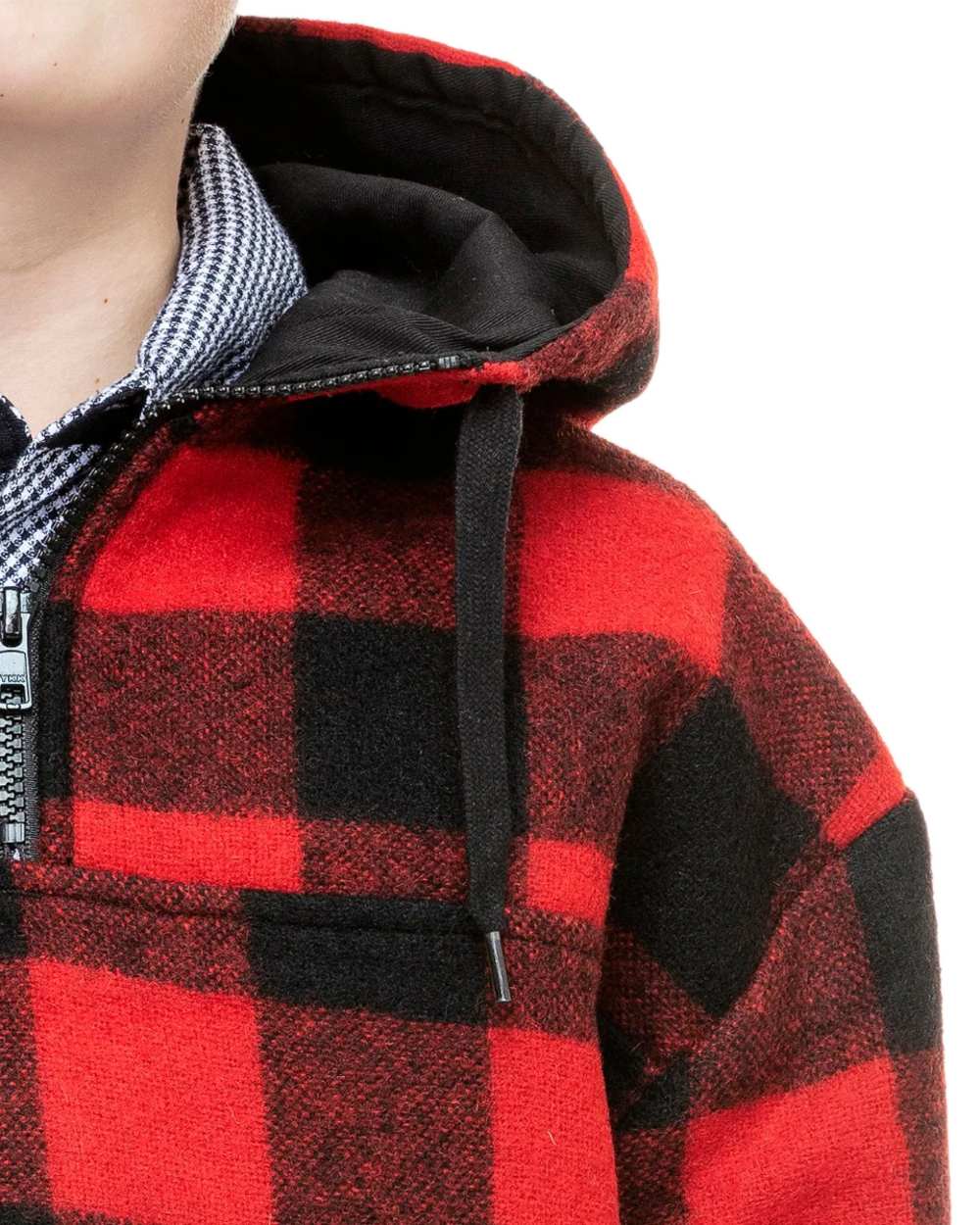 Red Black Check Coloured Swanndri Kids Brixton Wool Bushshirt on white background