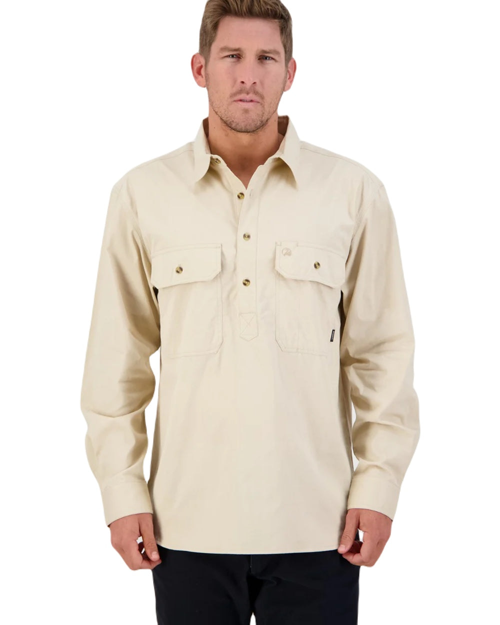 Bone Coloured Swanndri Mens Bendigo Long Sleeve Work Shirt on white background