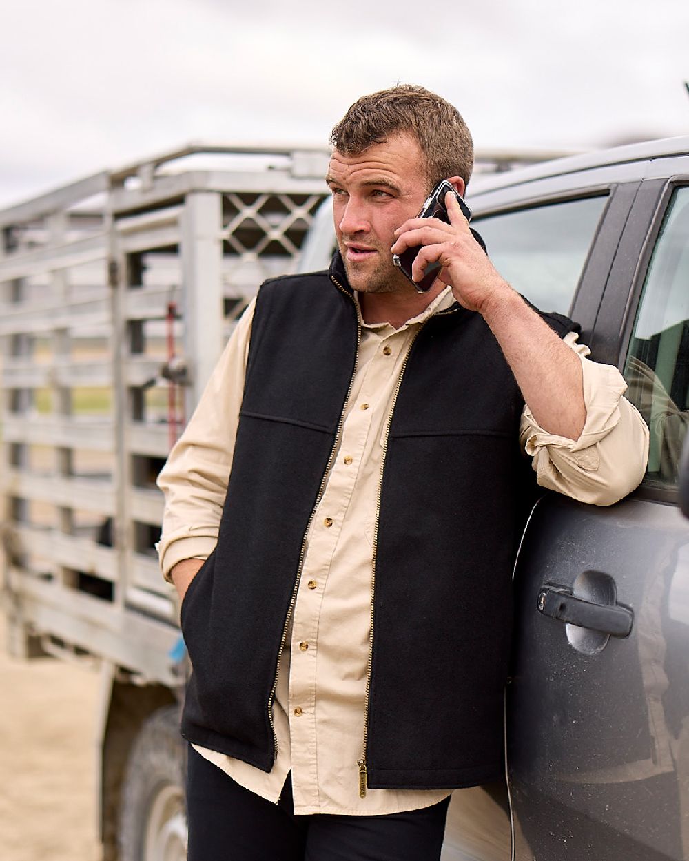 Bone Coloured Swanndri Mens Byron Long Sleeve Shirt on car background