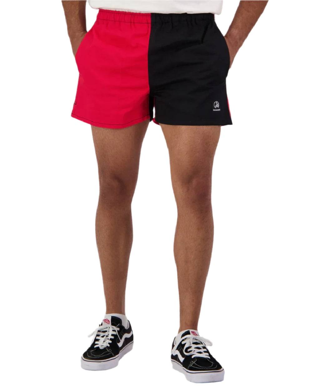 Red Black Coloured Swanndri Mens Chequered Rugby Short on white background