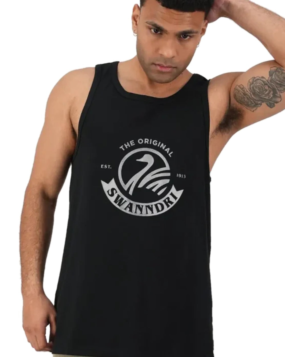 Black White Coloured Swanndri Mens Classic Singlet on white background