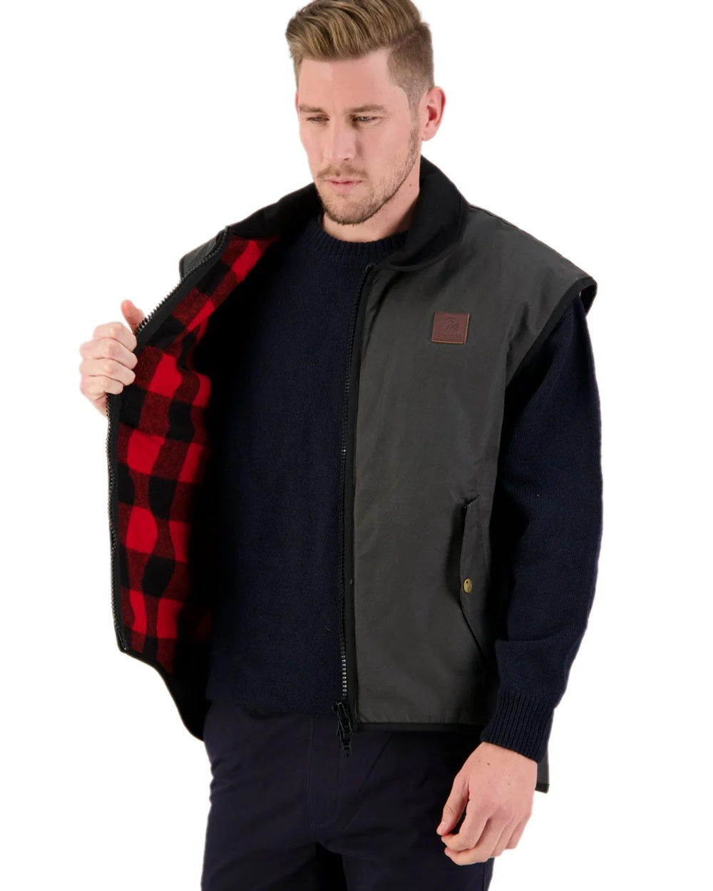 Brown Coloured Swanndri Mens Foxton Oilskin Vest with Wool Lining on white background