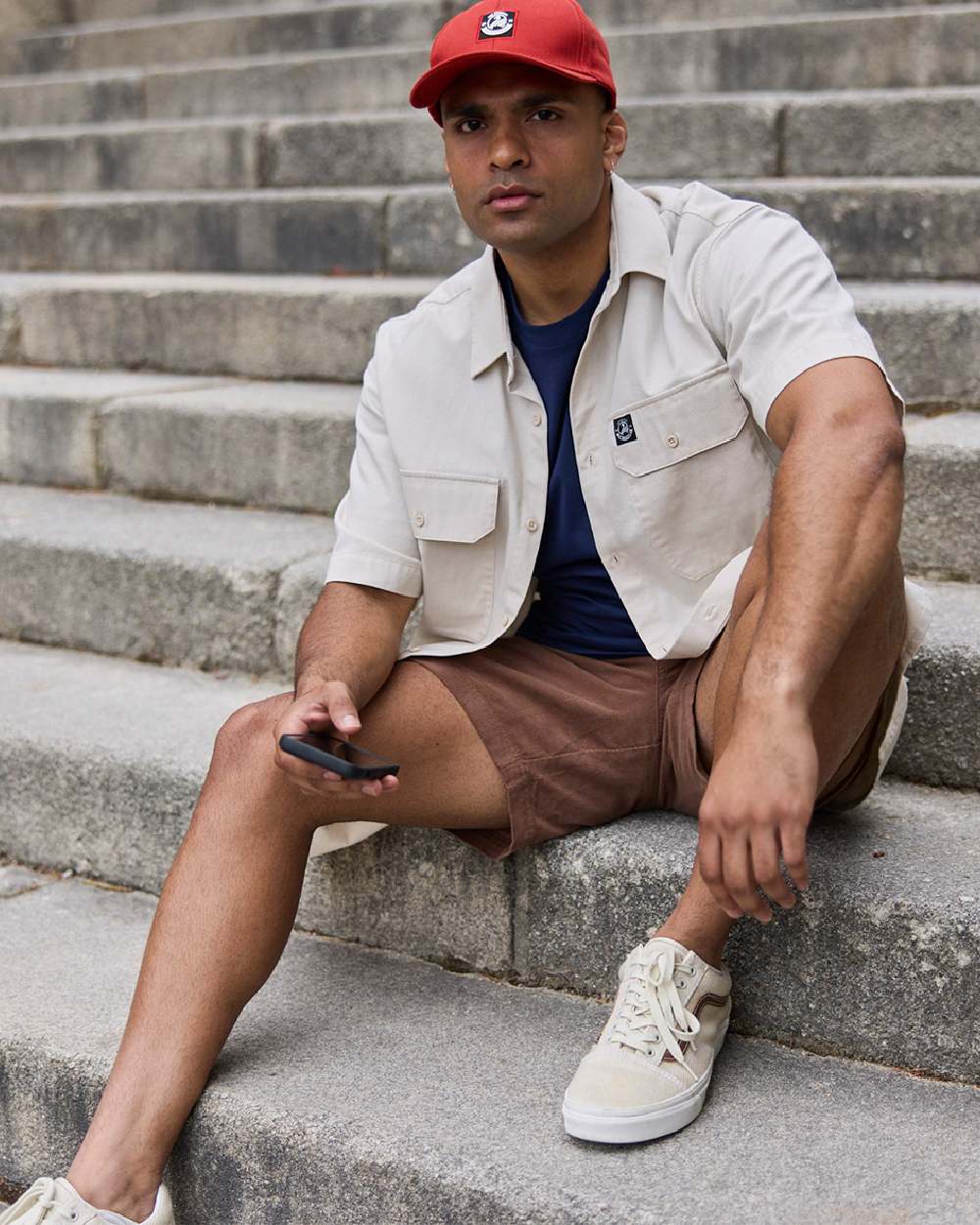 Light Taupe Coloured Swanndri Mens Fundamentals Short Sleeve Work Shirt on stair background