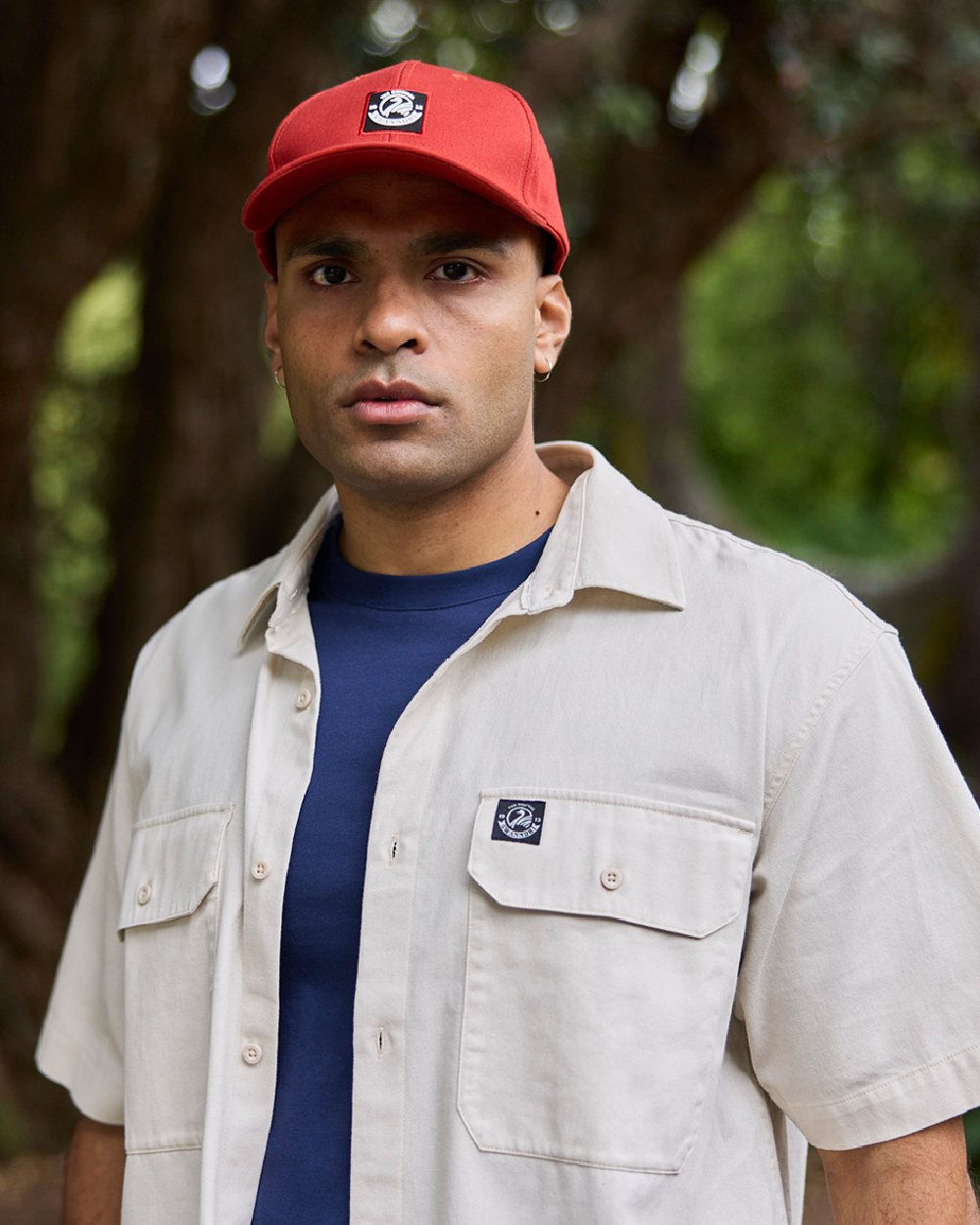 Light Taupe Coloured Swanndri Mens Fundamentals Short Sleeve Work Shirt on blurry background