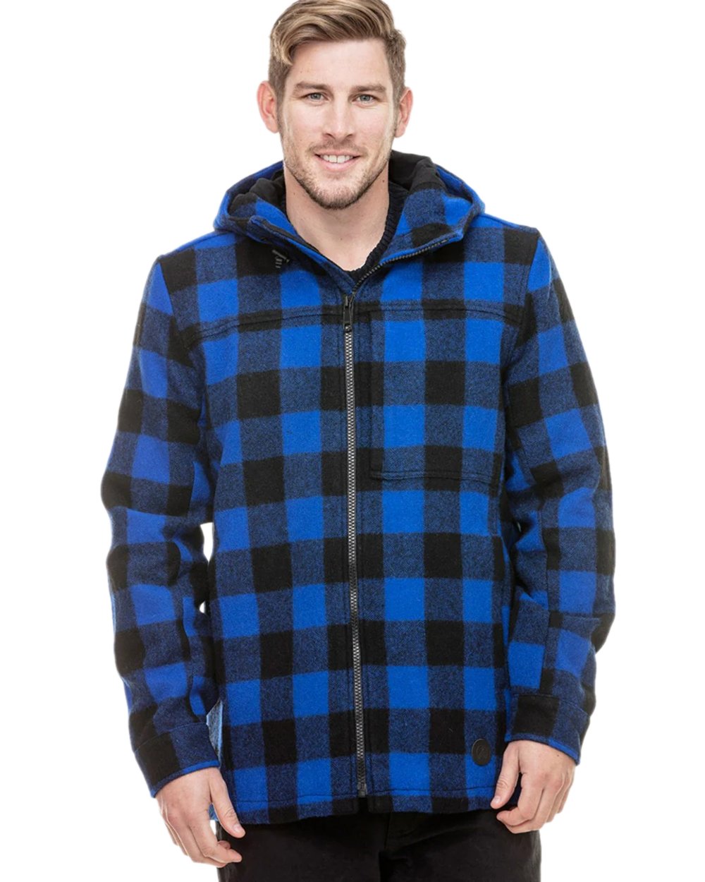 Blue Black Check Coloured Swanndri Mens Hudson Wool Hoodie on white background