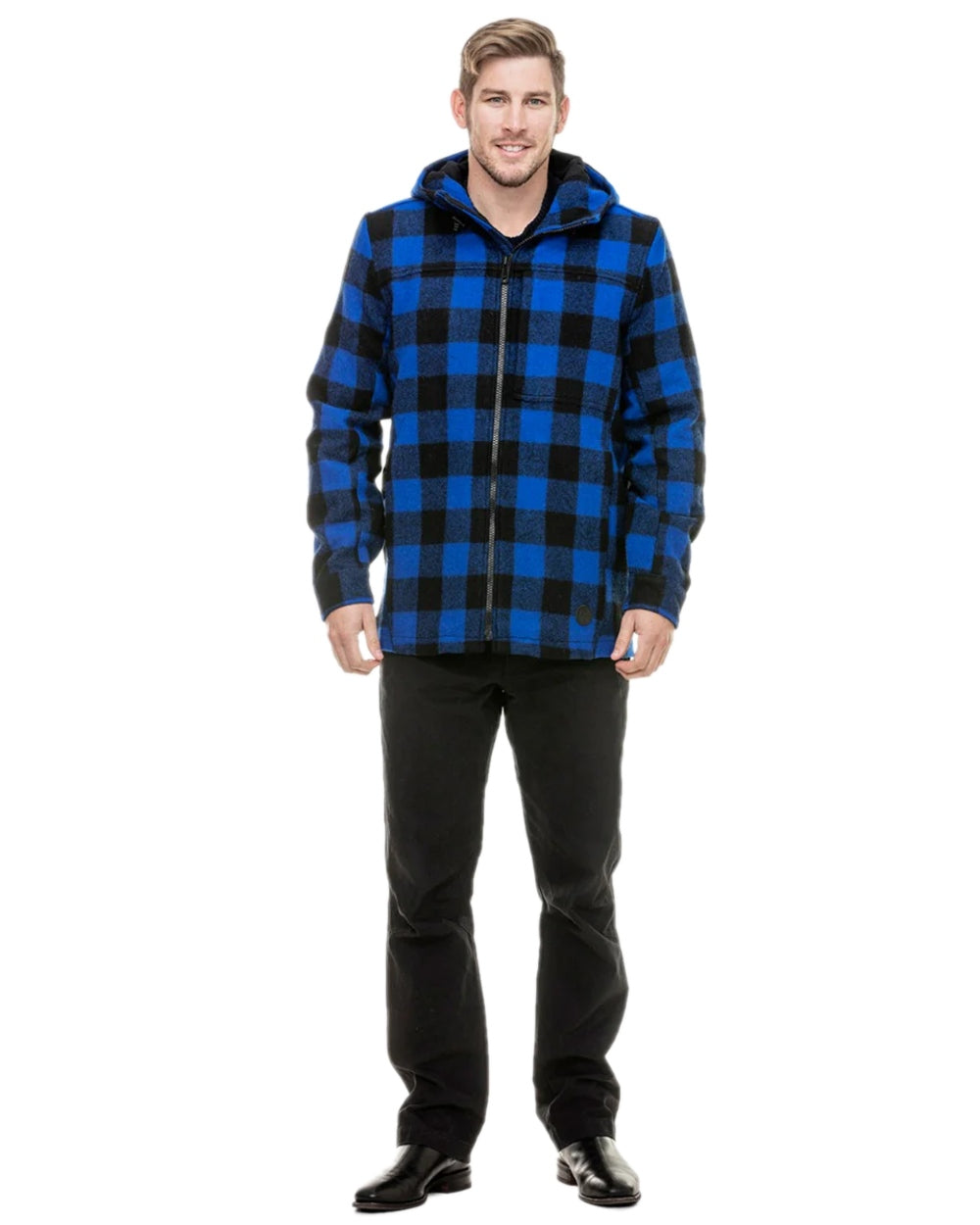 Blue Black Check Coloured Swanndri Mens Hudson Wool Hoodie on white background
