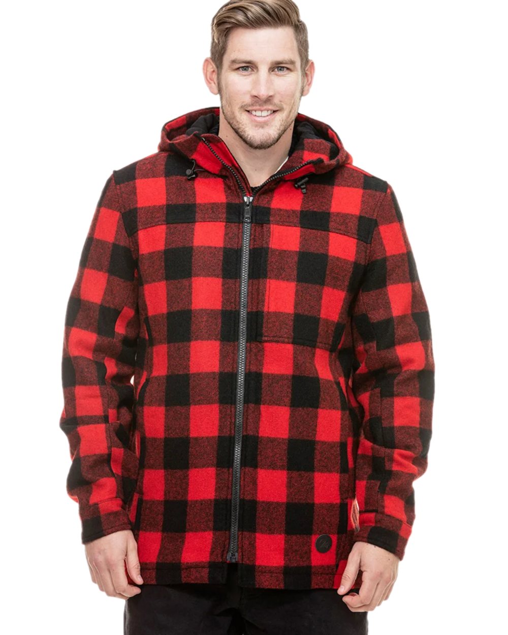 Red Black Check Coloured Swanndri Mens Hudson Wool Hoodie on white background
