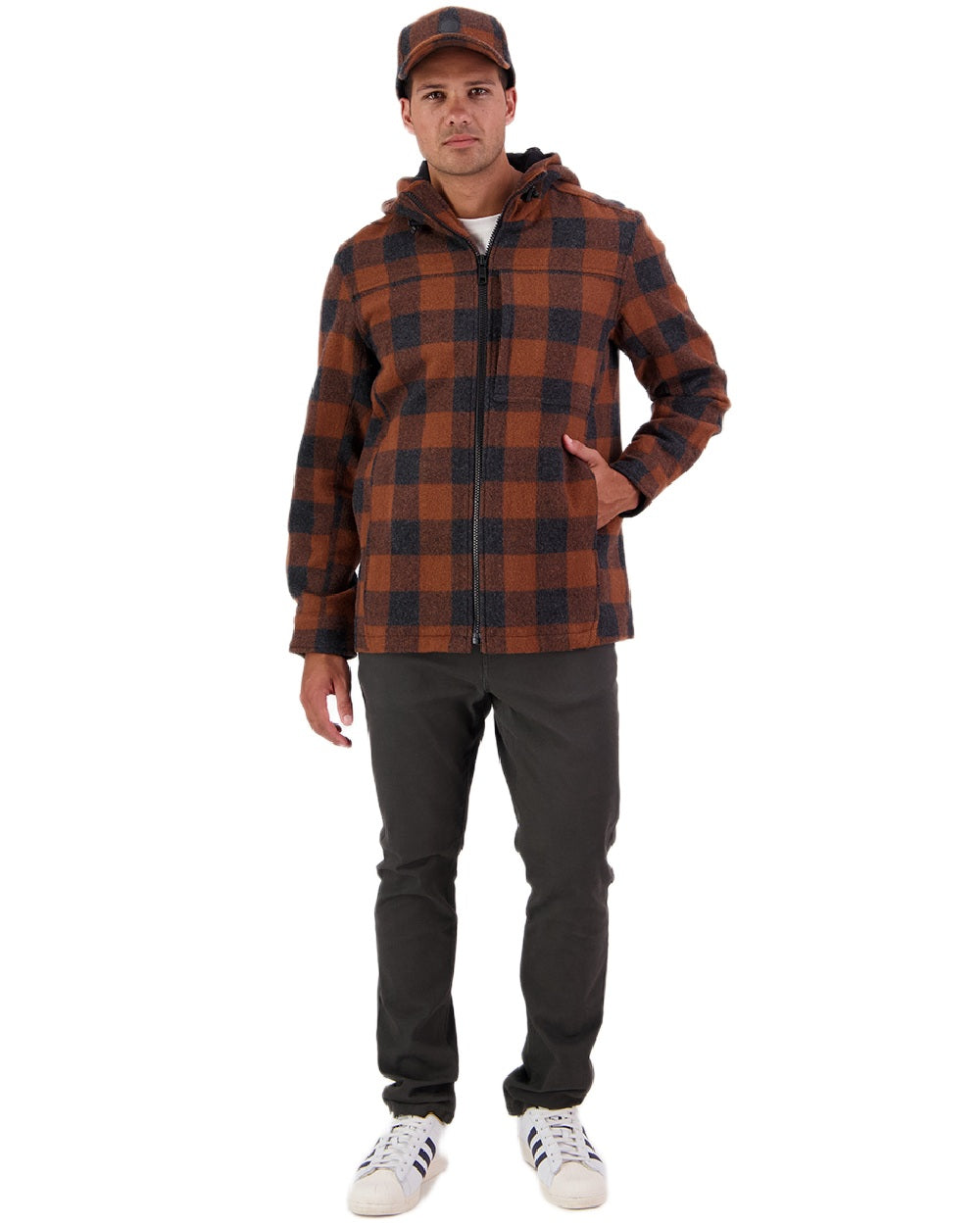 Shadow Rusty Check Coloured Swanndri Mens Hudson Wool Hoodie on white background