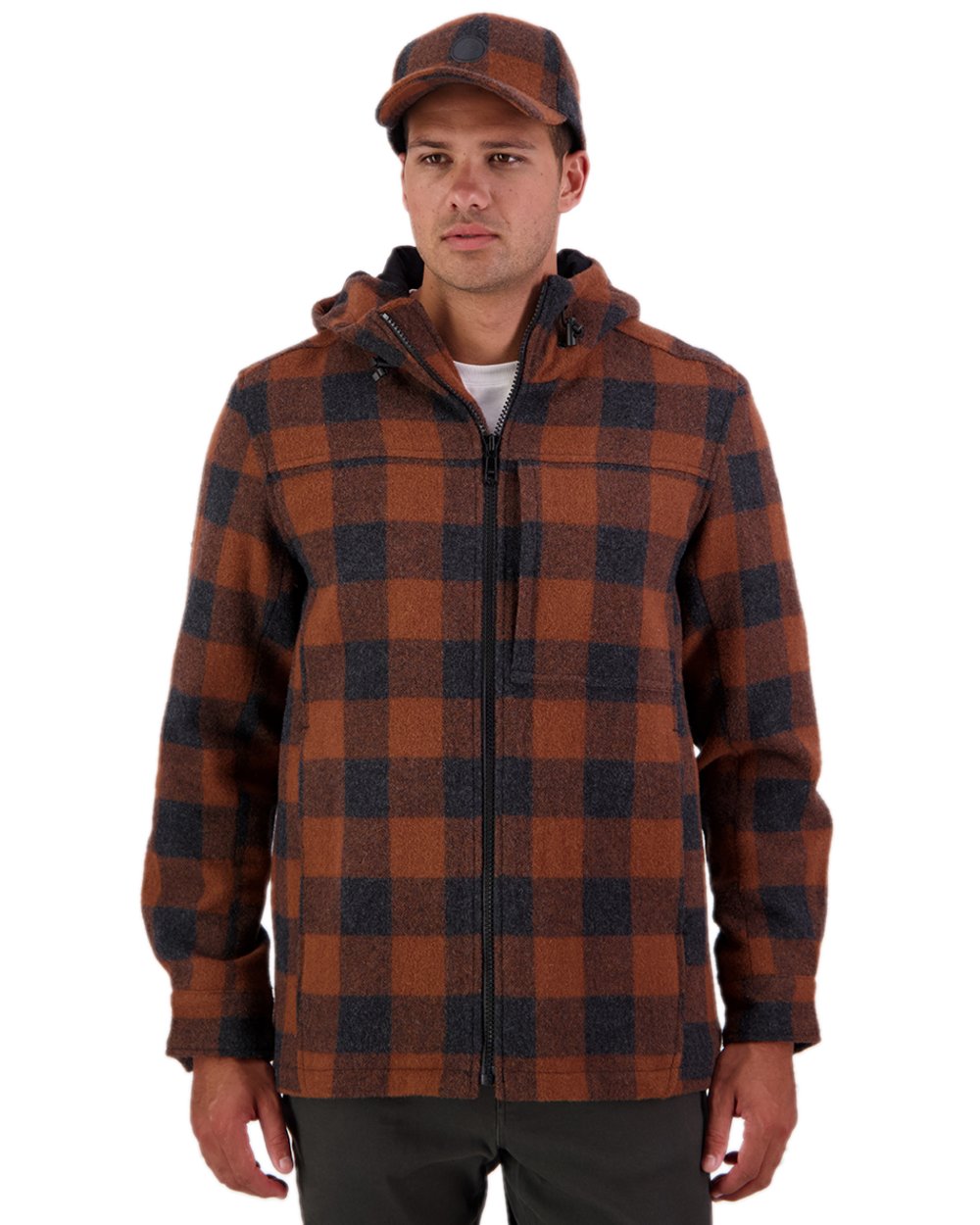 Shadow Rusty Check Coloured Swanndri Mens Hudson Wool Hoodie on white background