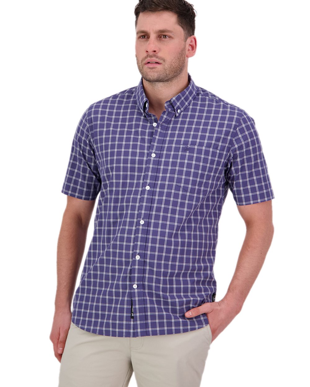 Indigo Check Coloured Swanndri Mens Lancewood Short Sleeve Shirt on white background