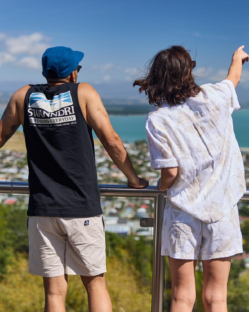 Black Coloured Swanndri Mens Lindis Printed Tank on outdoor background