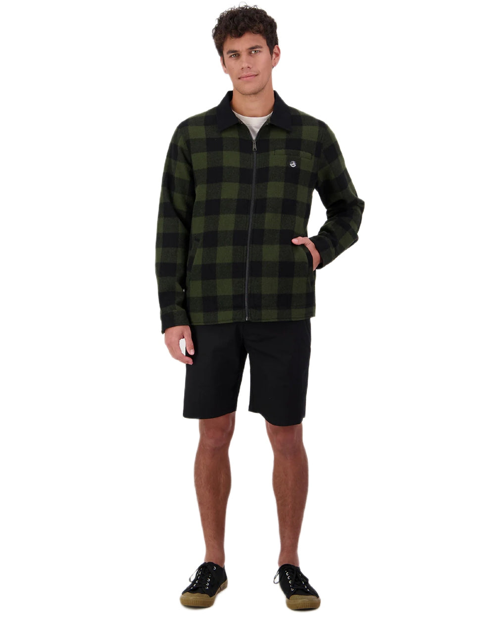 Olive Black Check coloured Swanndri Mens Liverpool Wool Jacket on white background