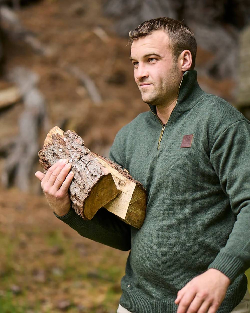 Olive Coloured Swanndri Mens Mariner Wool Zip Neck Sweater on forest background