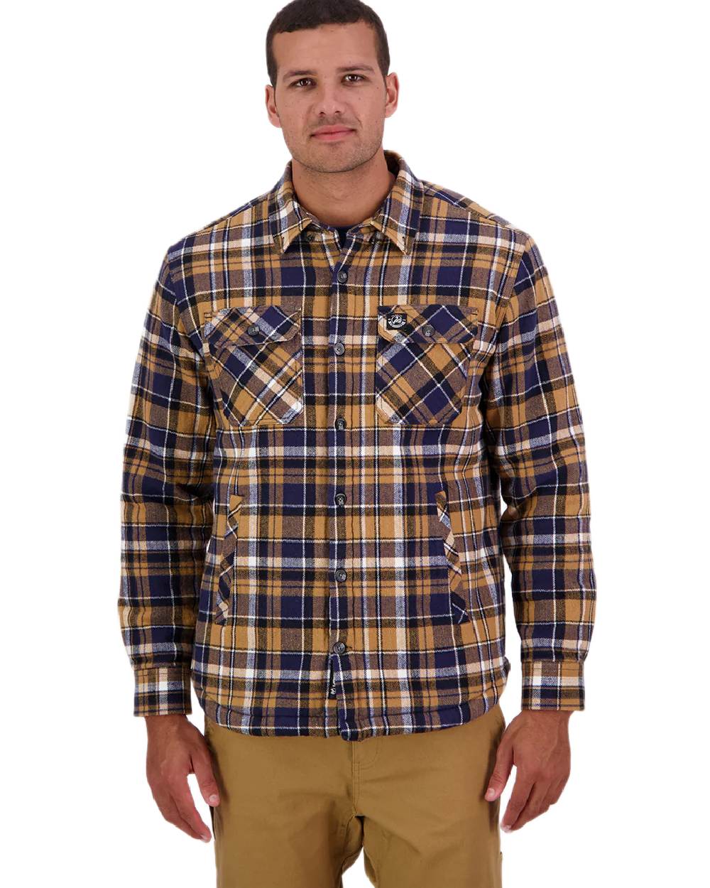Navy Cashew Coloured Swanndri Mens Morven Sherpa Long Sleeve Shirt on white background