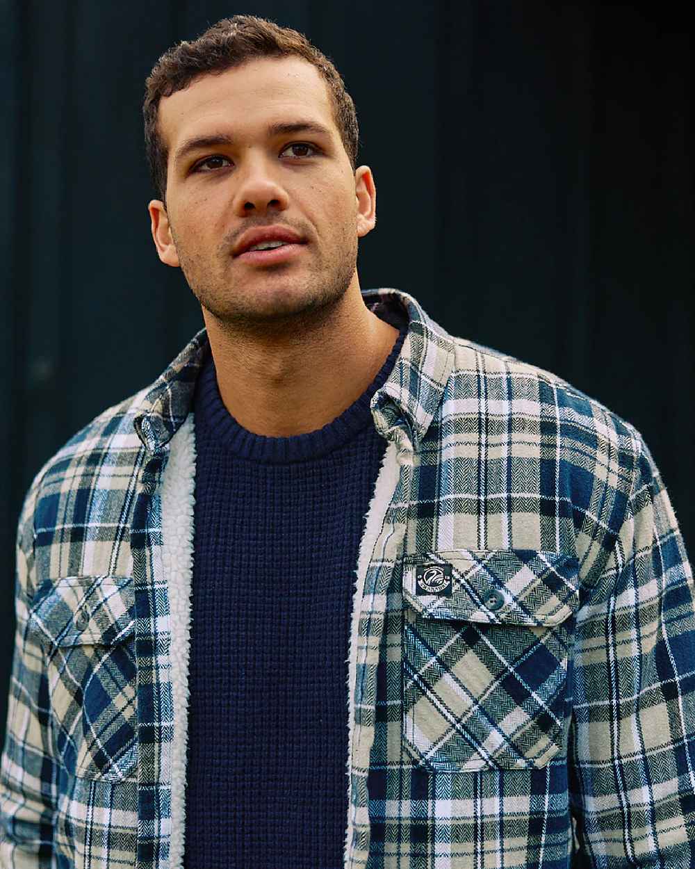 Navy Horizon Grey Coloured Swanndri Mens Morven Sherpa Long Sleeve Shirt on outdoor background