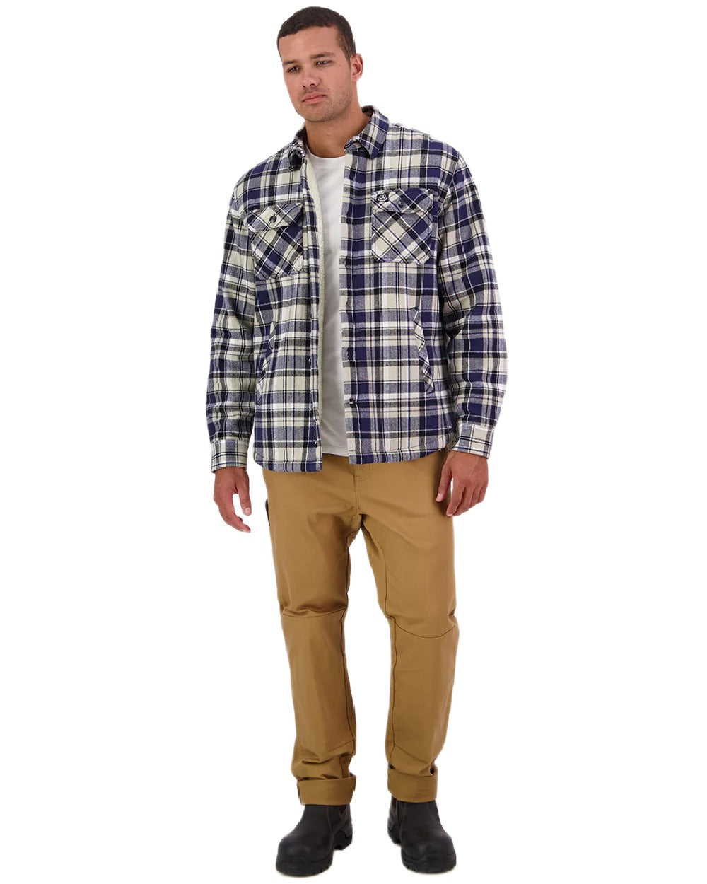 Navy Horizon Grey Coloured Swanndri Mens Morven Sherpa Long Sleeve Shirt on white background