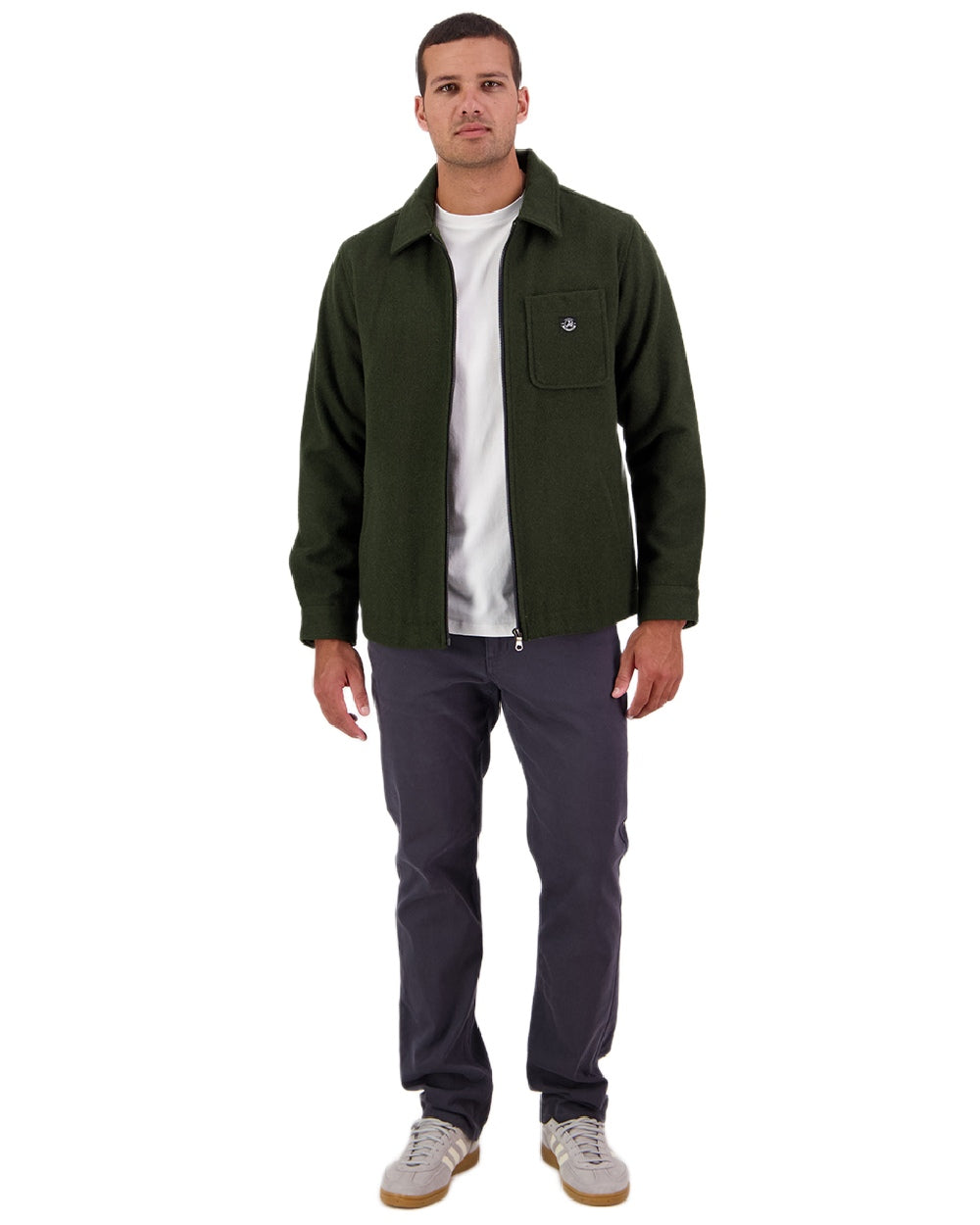 Dark Olive Coloured Swanndri Mens Northgate Wool Shacket on white background