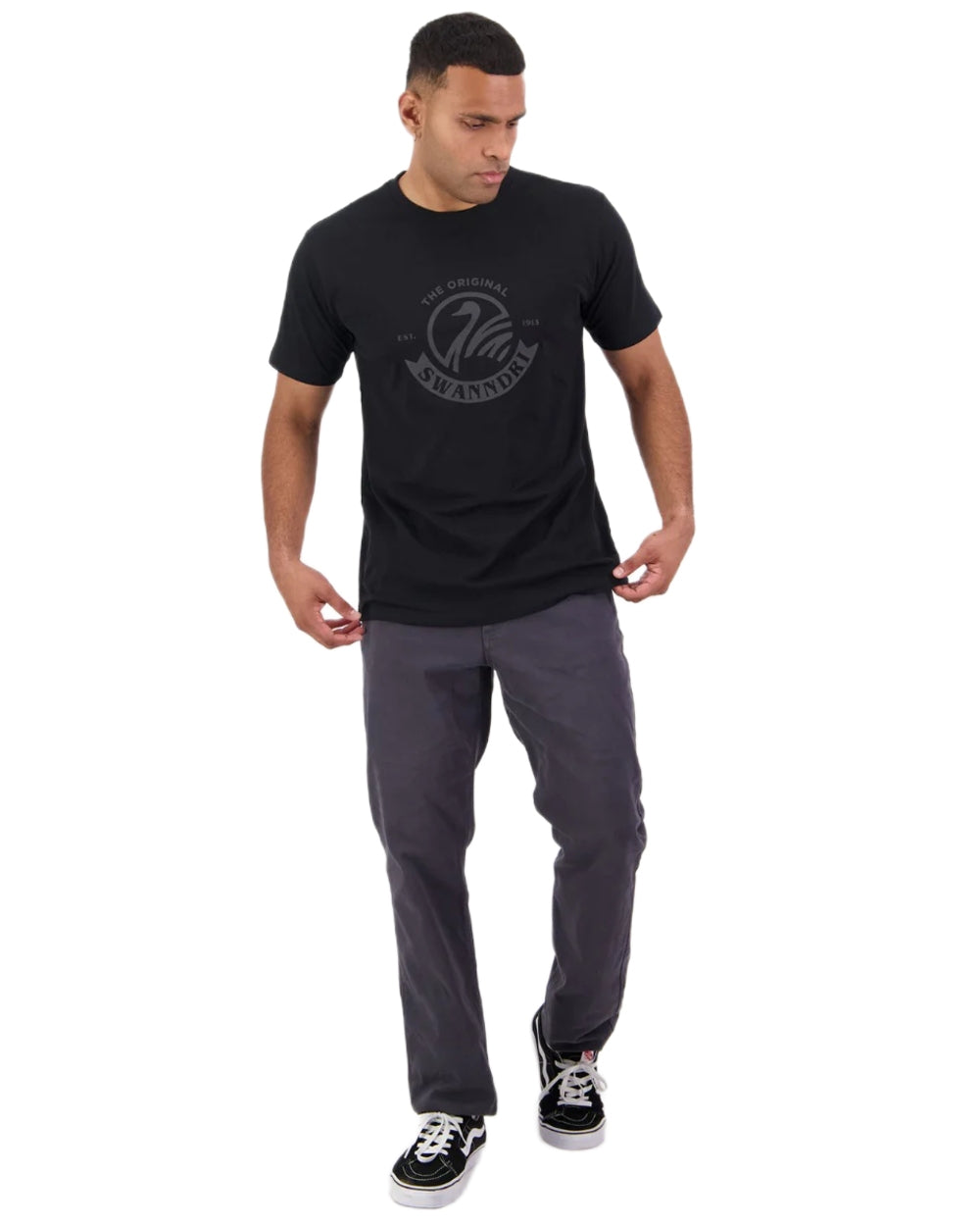 Black Coloured Swanndri Mens Original V2 T-Shirt on white background