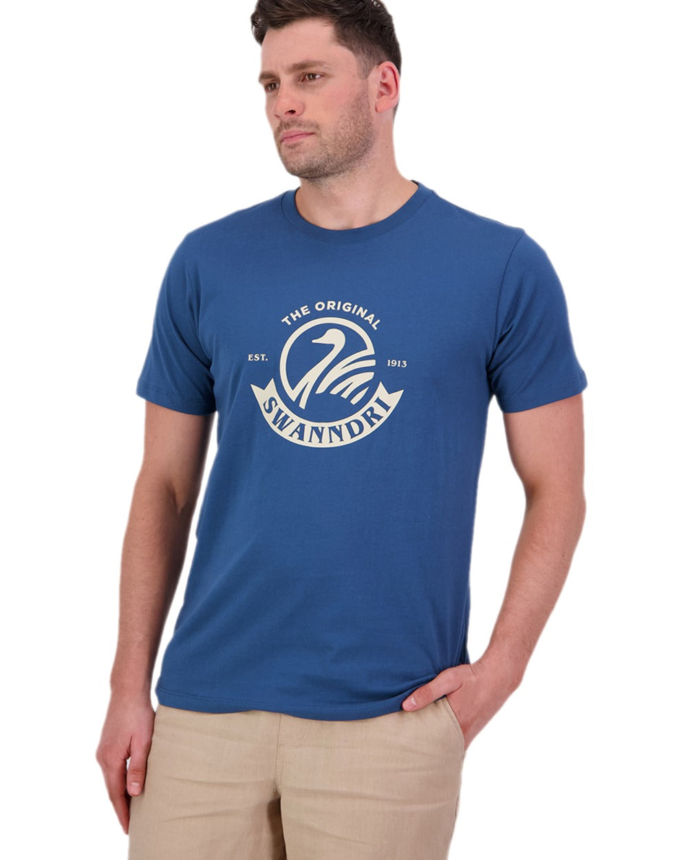 Tidal Teal Light Taupe Coloured Swanndri Mens Original V2 T-Shirt on white background