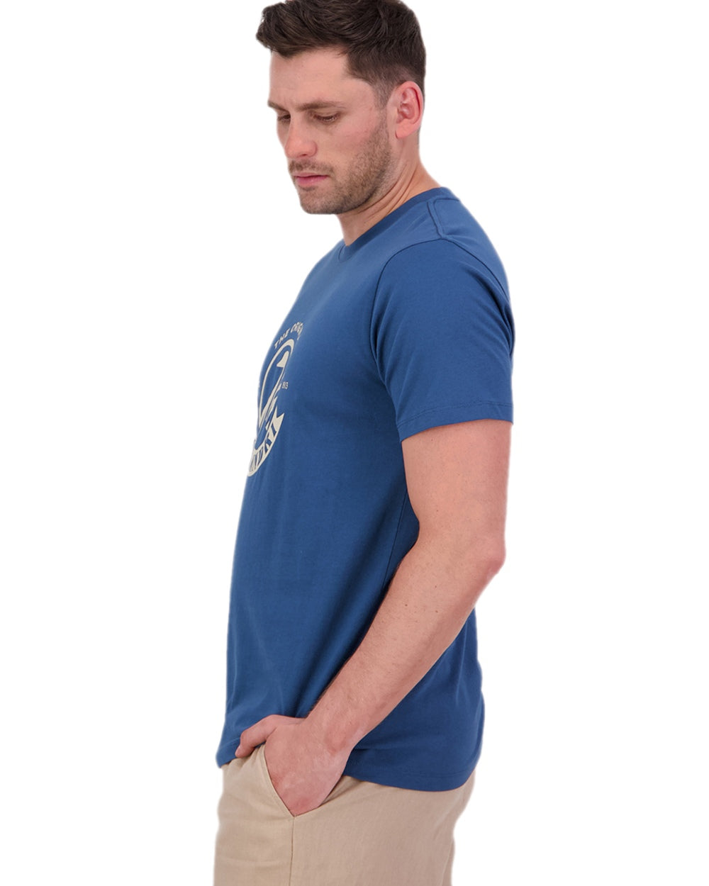 Tidal Teal Light Taupe Coloured Swanndri Mens Original V2 T-Shirt on white background