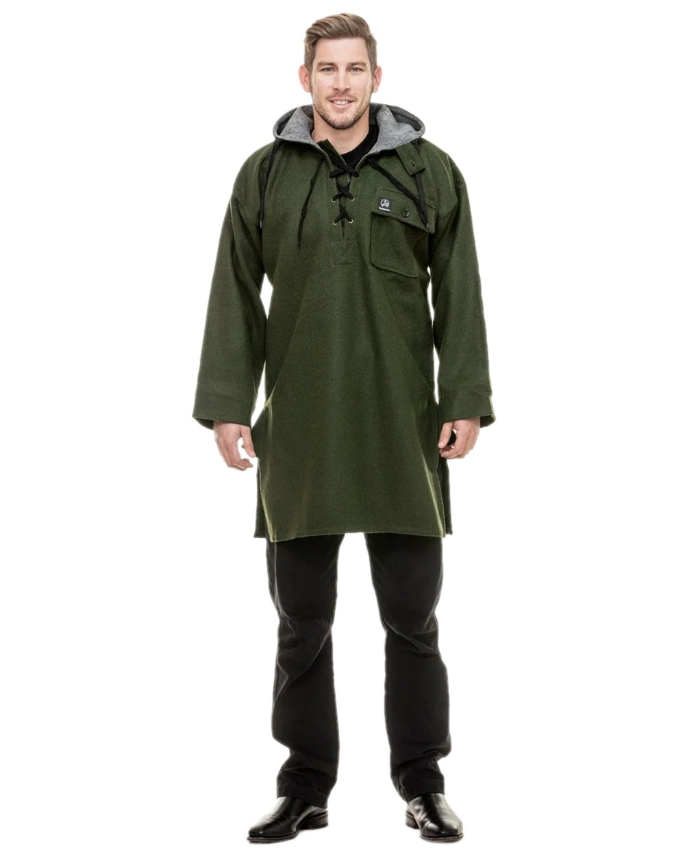 Olive Coloured Swanndri Mens Original Wool Bushshirt With Lace-Up Front on white background