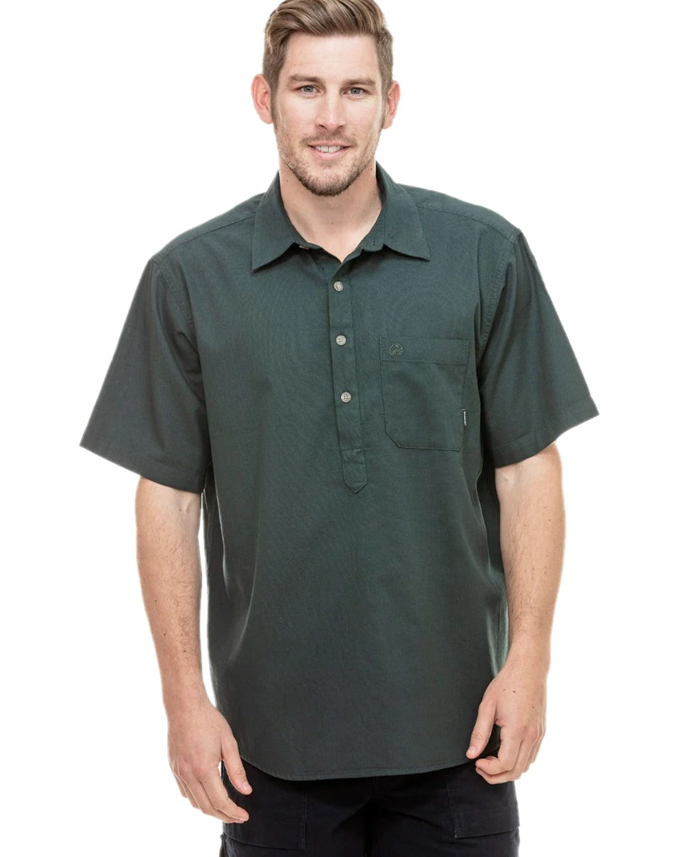 Forest Green Coloured Swanndri Mens Paihia Short Sleeve Shirt on white background
