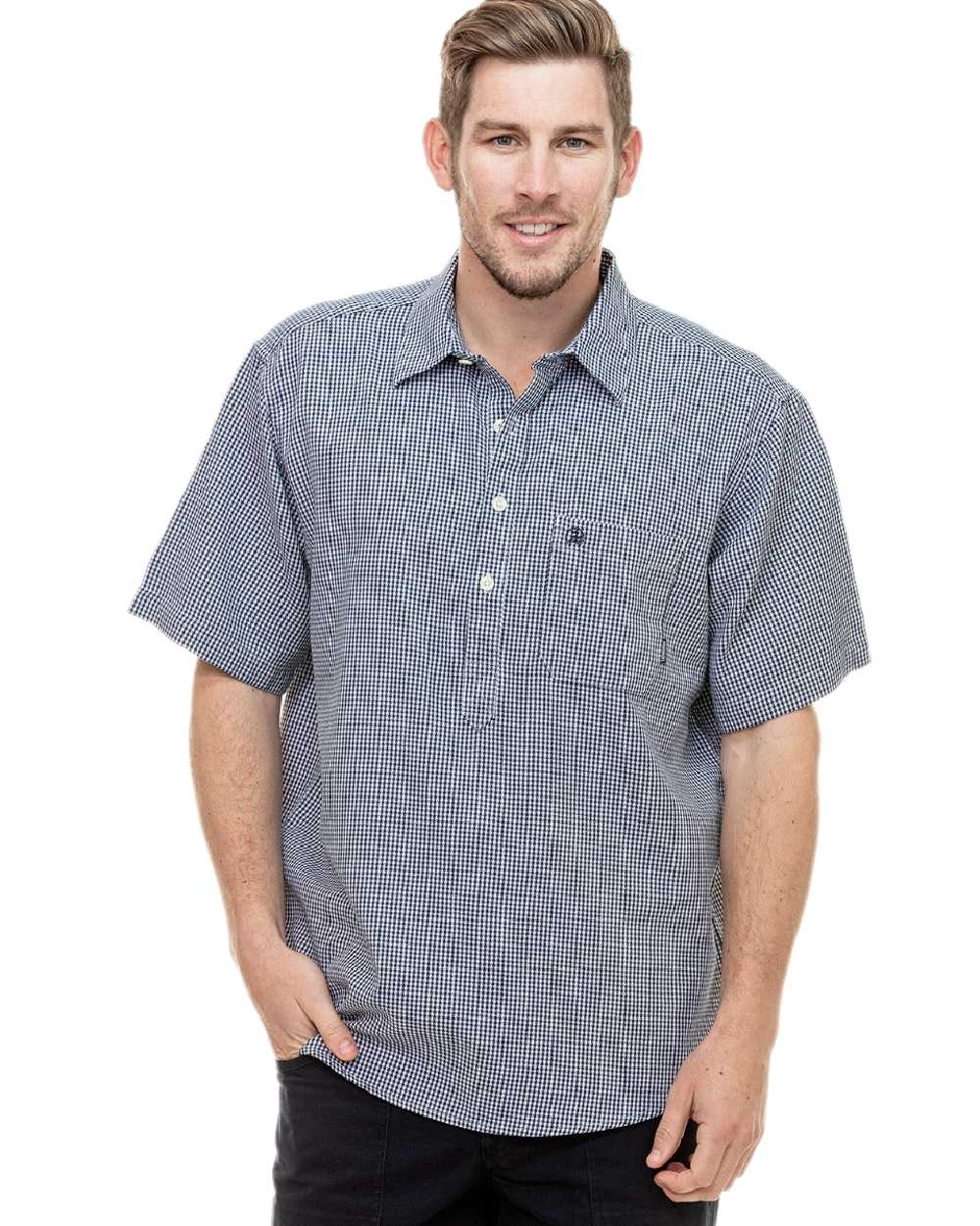 Navy White Check Coloured Swanndri Mens Paihia Short Sleeve Shirt on white background
