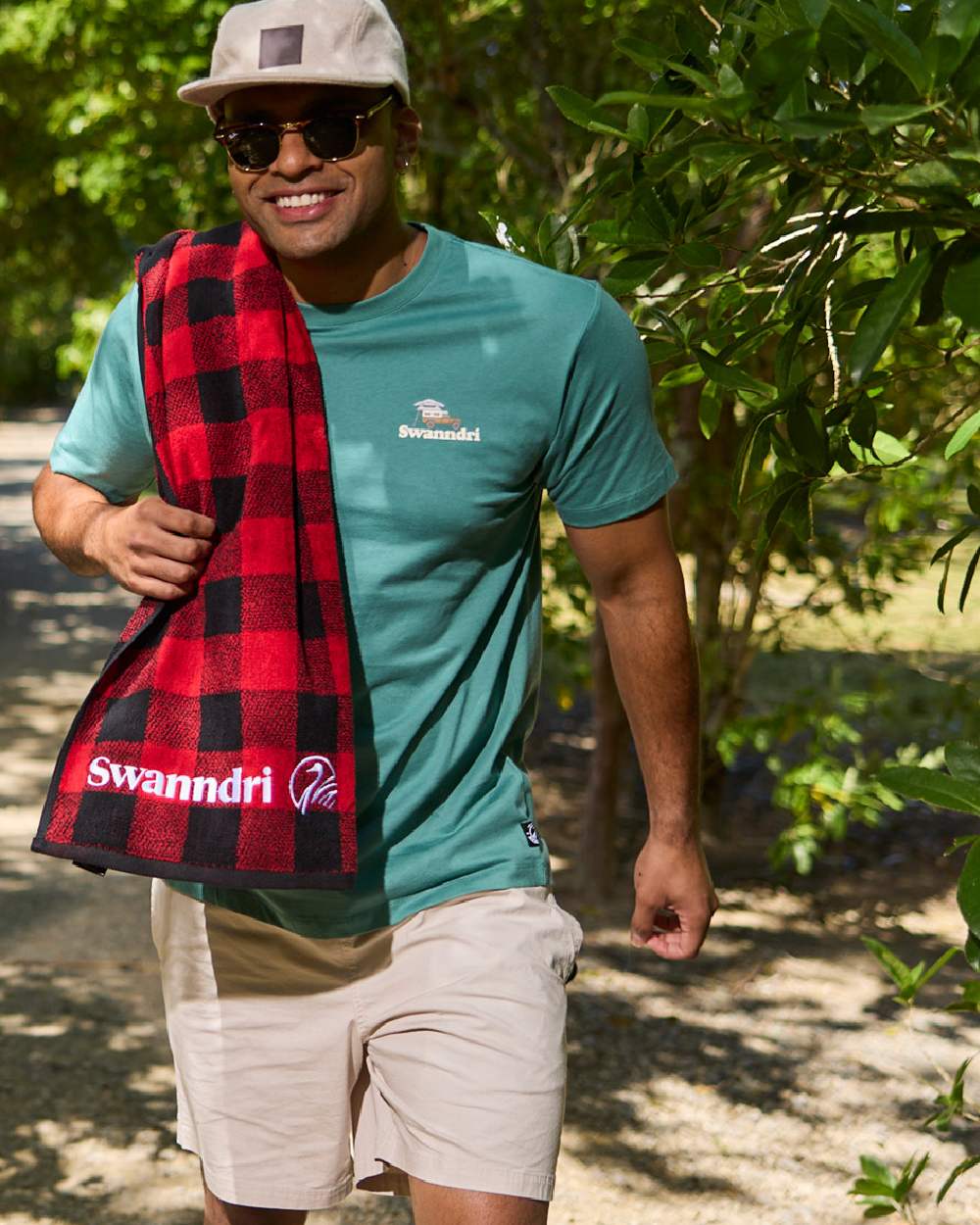 Jade Green Light Taupe Coloured Swanndri Mens Pop Top Printed T Shirt on street background