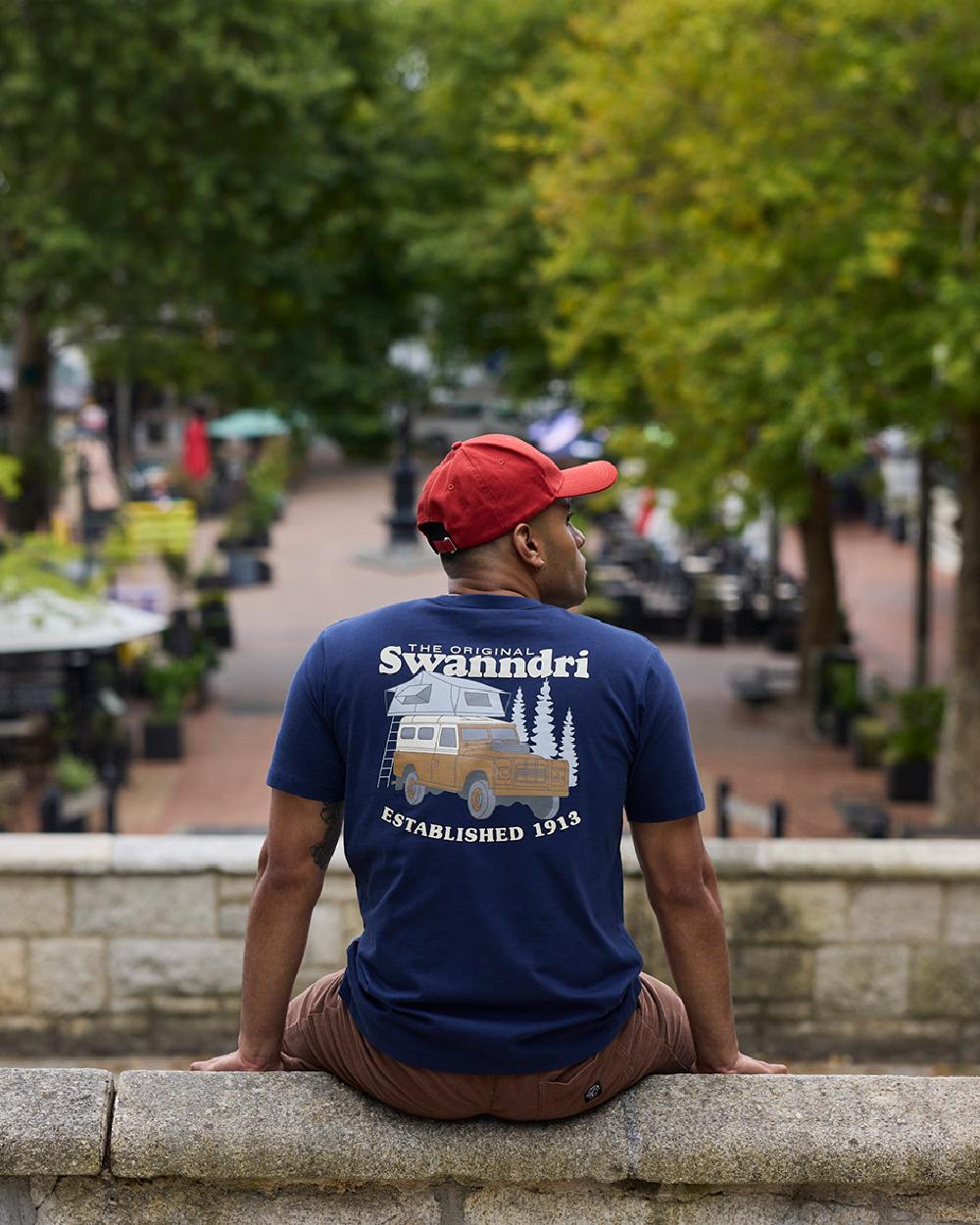 Navy Light Taupe Coloured Swanndri Mens Pop Top Printed T Shirt on outdoor background