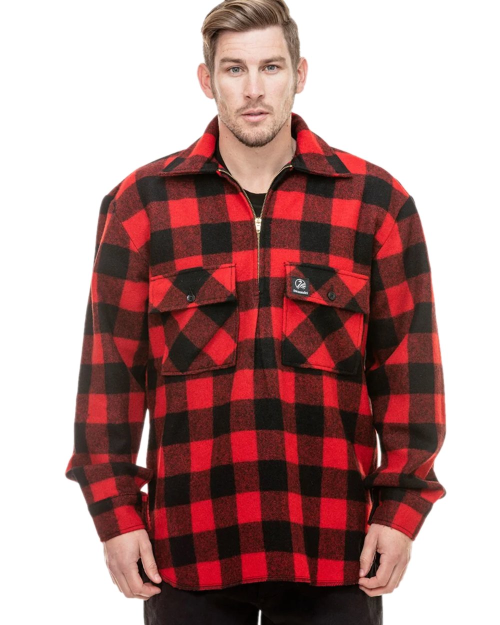 Red Black Check Coloured Swanndri Mens Ranger Wool Zip Front Bushshirt on white background