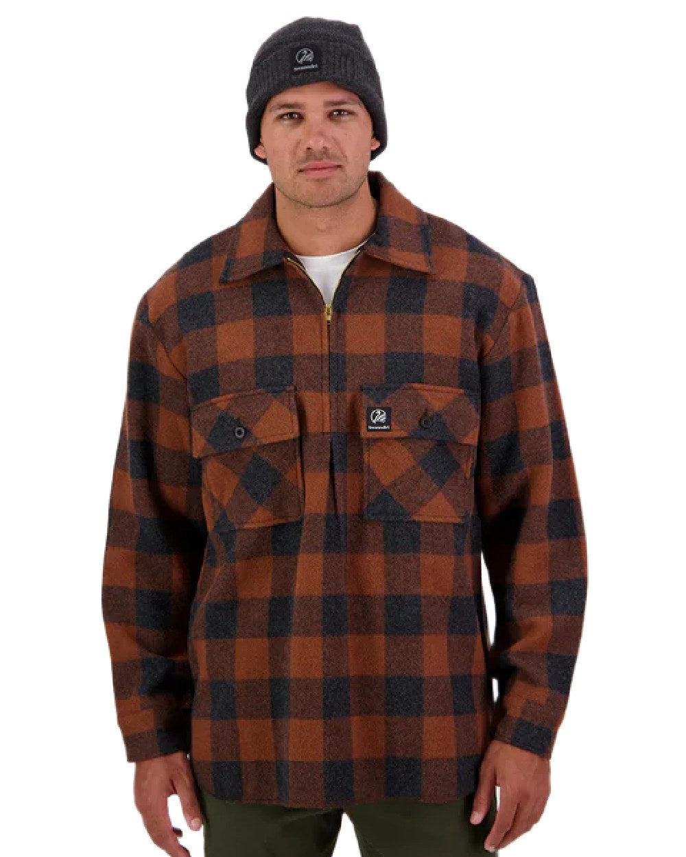 Shadow Rusty Check Coloured Swanndri Mens Ranger Wool Zip Front Bushshirt on white background