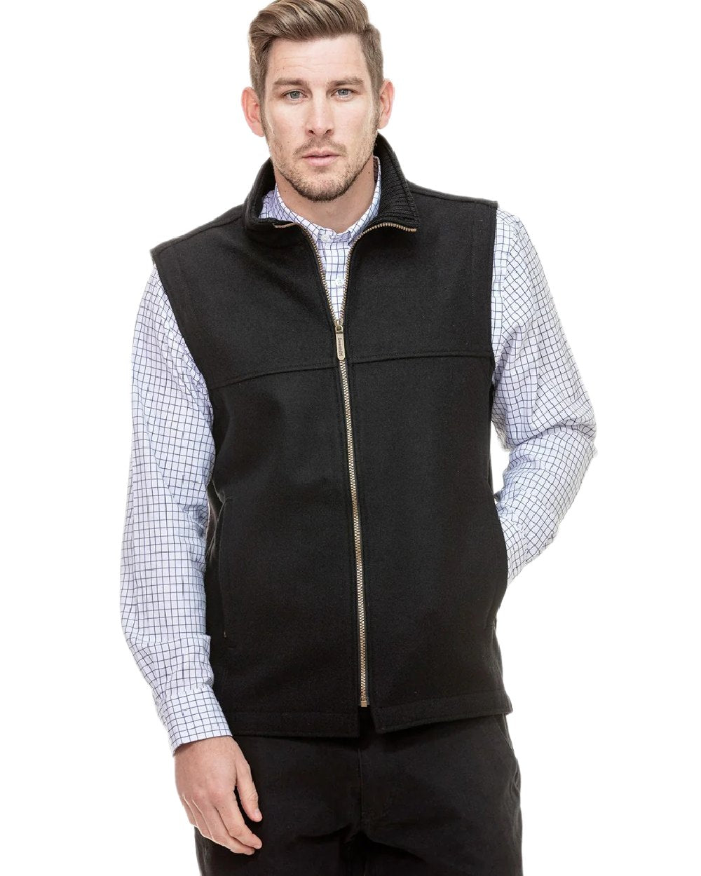 Black Coloured Swanndri Mens Saddleback Wool Vest on white background