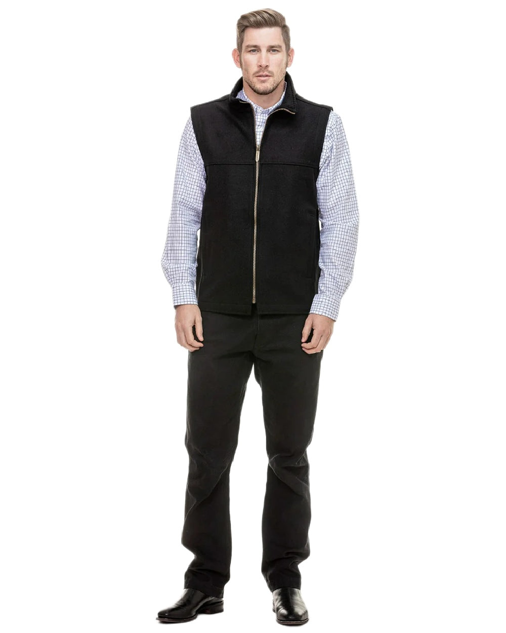 Black Coloured Swanndri Mens Saddleback Wool Vest on white background