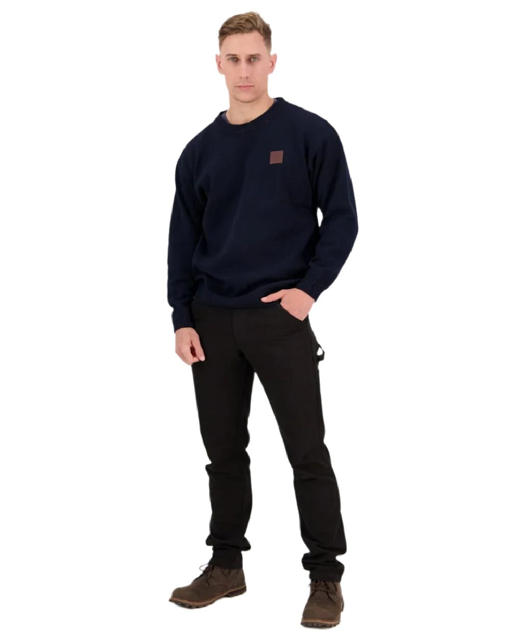 Navy Coloured Swanndri Mens Seafarer Wool Crew Neck Jersey on white background