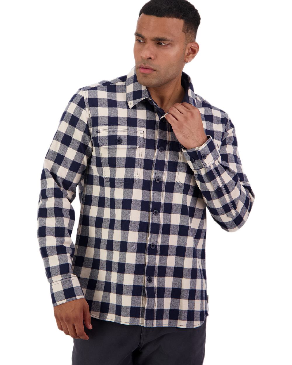 Navy Sandshell Coloured Swanndri Mens Taranaki Tailor Long Sleeve Shirt on white background