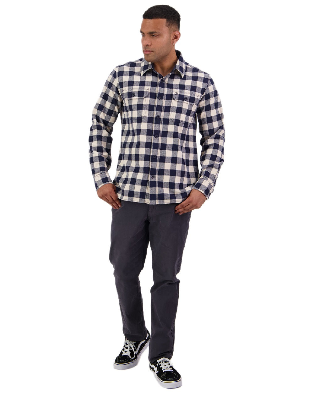 Navy Sandshell Coloured Swanndri Mens Taranaki Tailor Long Sleeve Shirt on white background