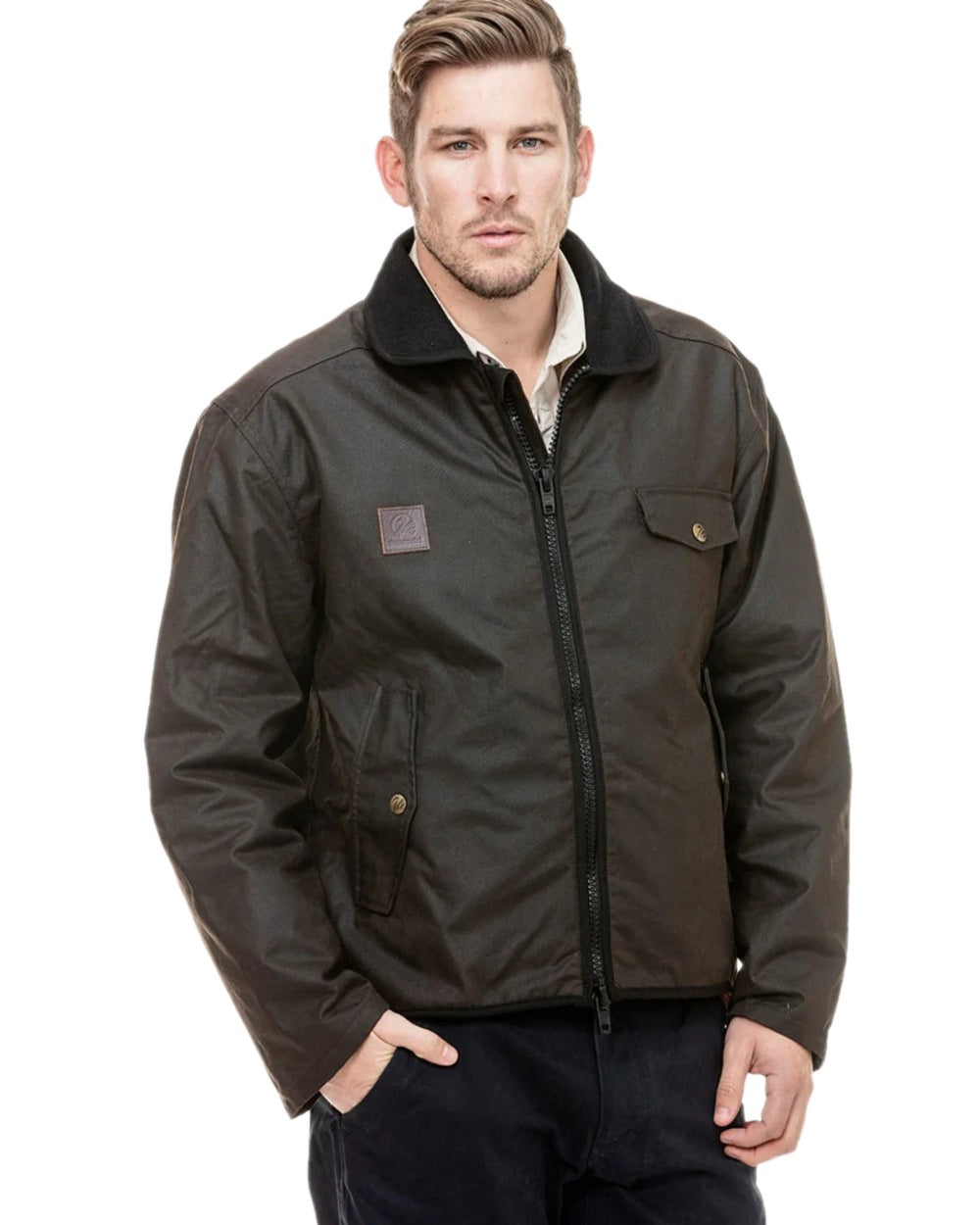 Brown Coloured Swanndri Mens Waimak Oilskin Jacket with Wool Lining on white background