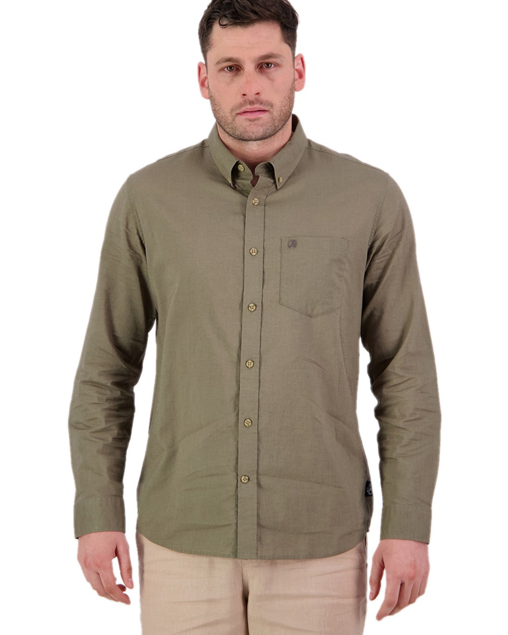 Olive Coloured Swanndri Mens Ward Long Sleeve Shirt on white background