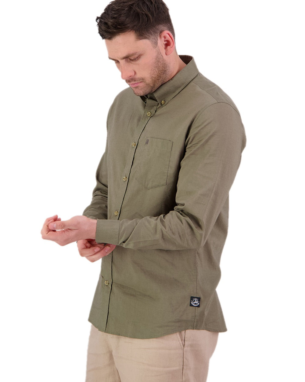 Olive Coloured Swanndri Mens Ward Long Sleeve Shirt on white background